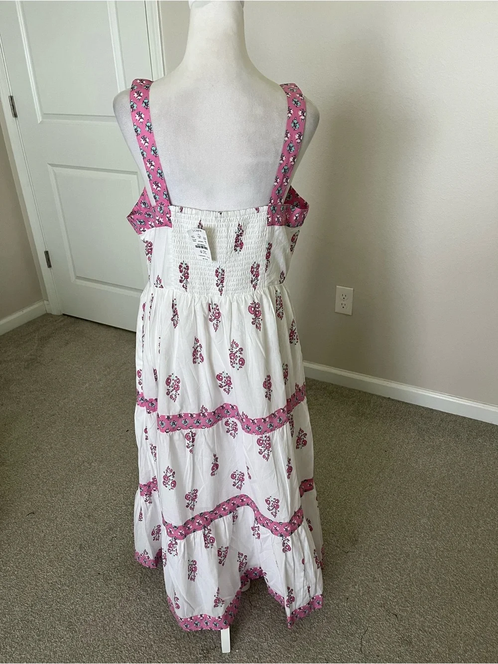 NWT J. Crew White Midi Dress with Pink Floral Trim Size 12